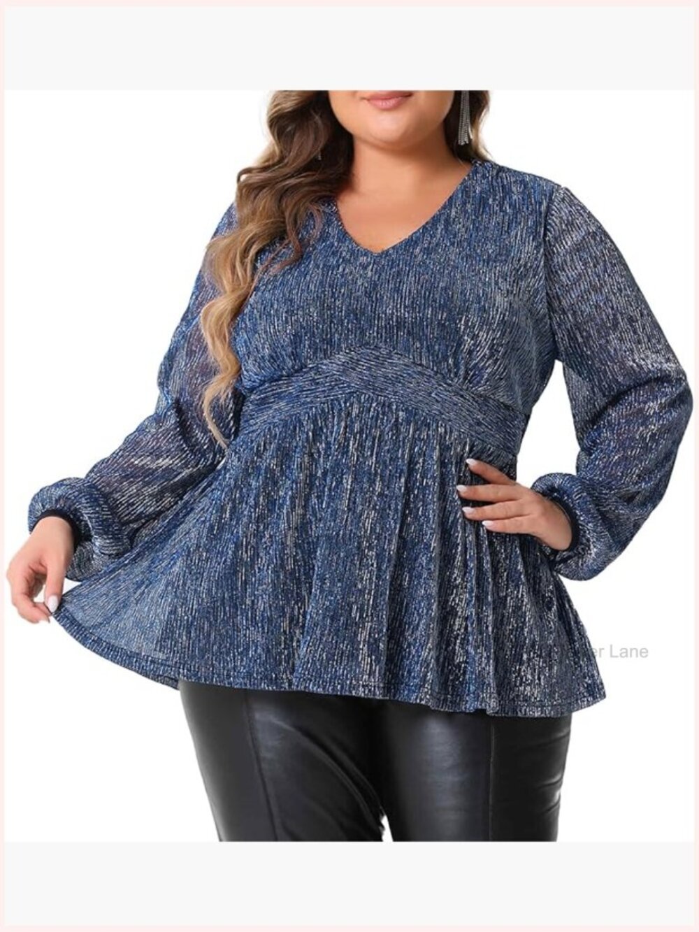 Plus Size Sequin V-Neck Peplum Blouse Lantern Sleeve Sparkle Party Top